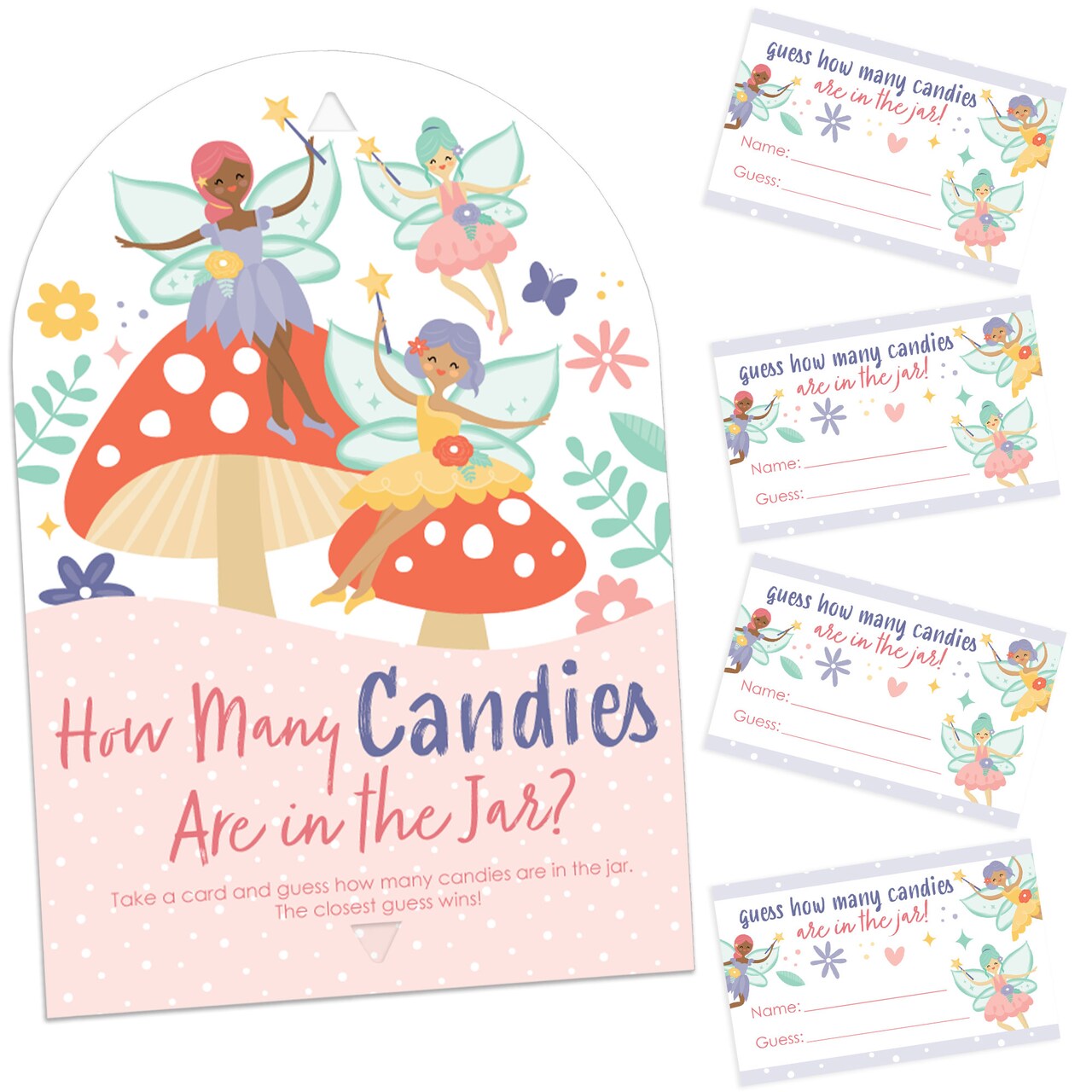 Big Dot of Happiness Let’s Be Fairies - How Many Candies Fairy Garden Birthday Party Game - 1 Stand and 40 Cards - Candy Guessing Game